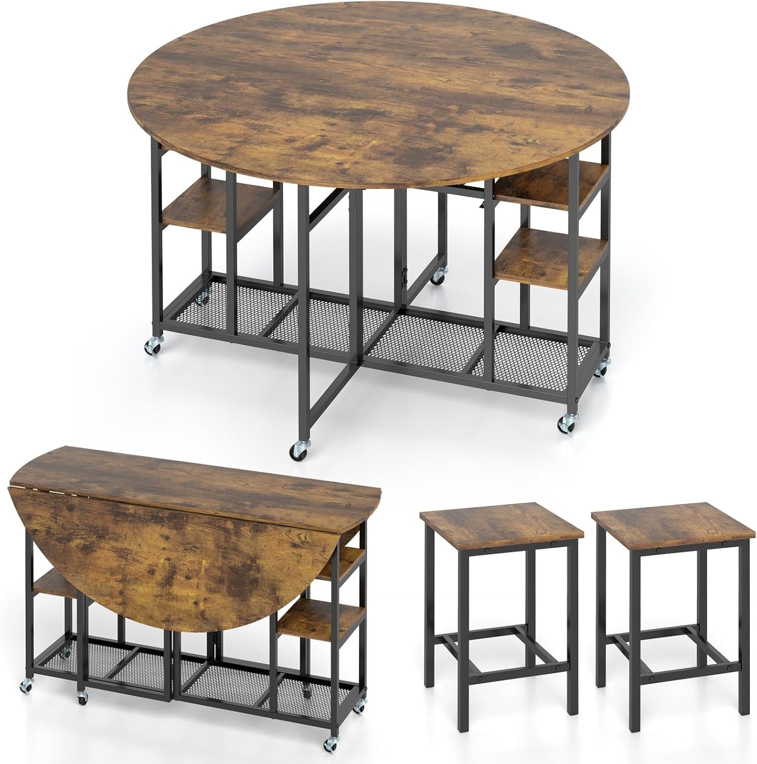 3-Piece Folding Dining Table Set with Stools & Storage Wheels