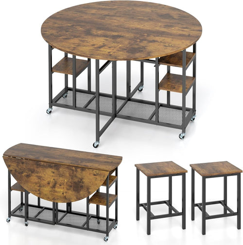 3-Piece Folding Dining Table Set with Stools & Storage Wheels