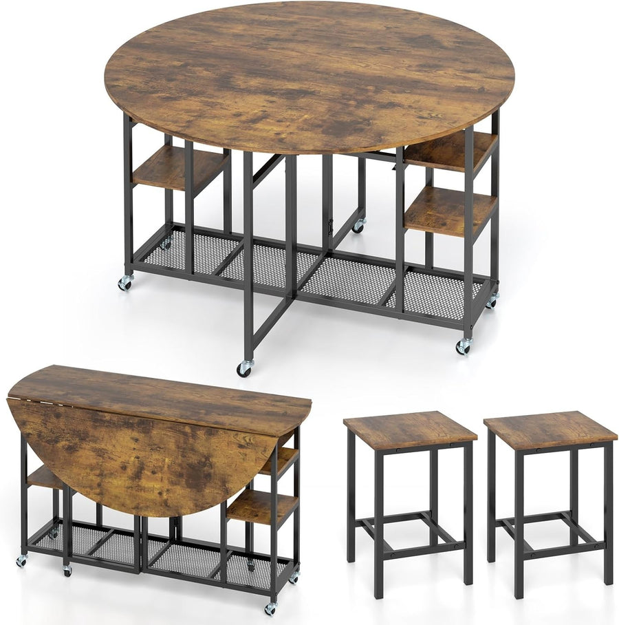 3-Piece Folding Dining Table Set with Stools & Storage Wheels