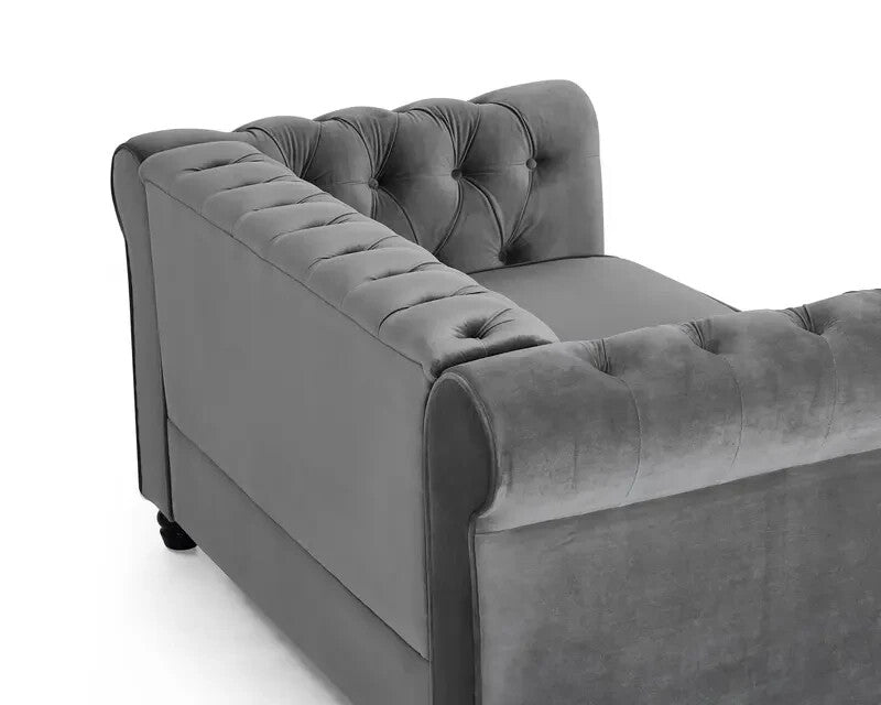2 Seater Grey Chesterfield Sofa | Velvet Scroll Arm Studded Button Sofa UK