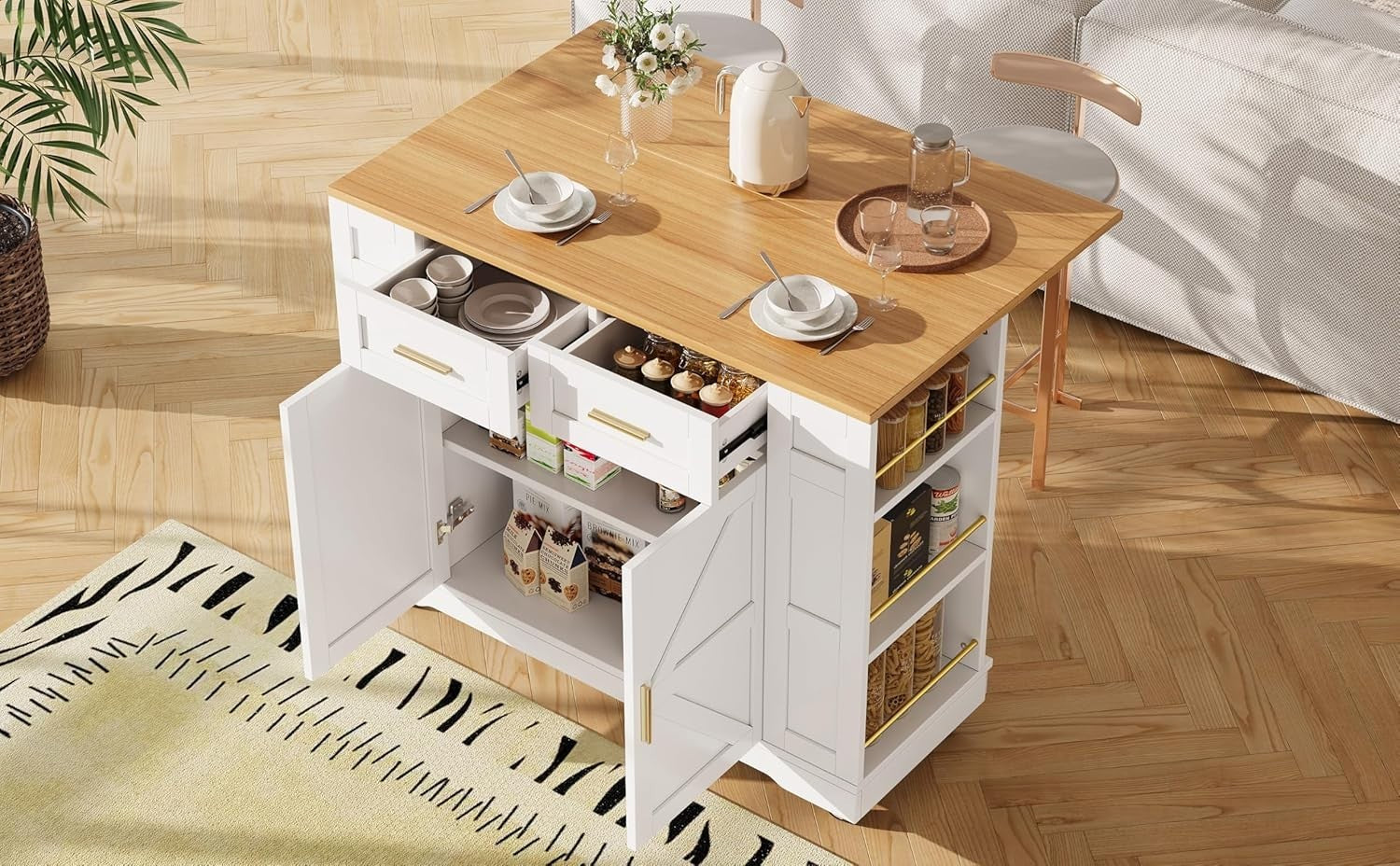 Kitchen Island Cart with Folding Tabletop, Drawers & Storage Shelves, White