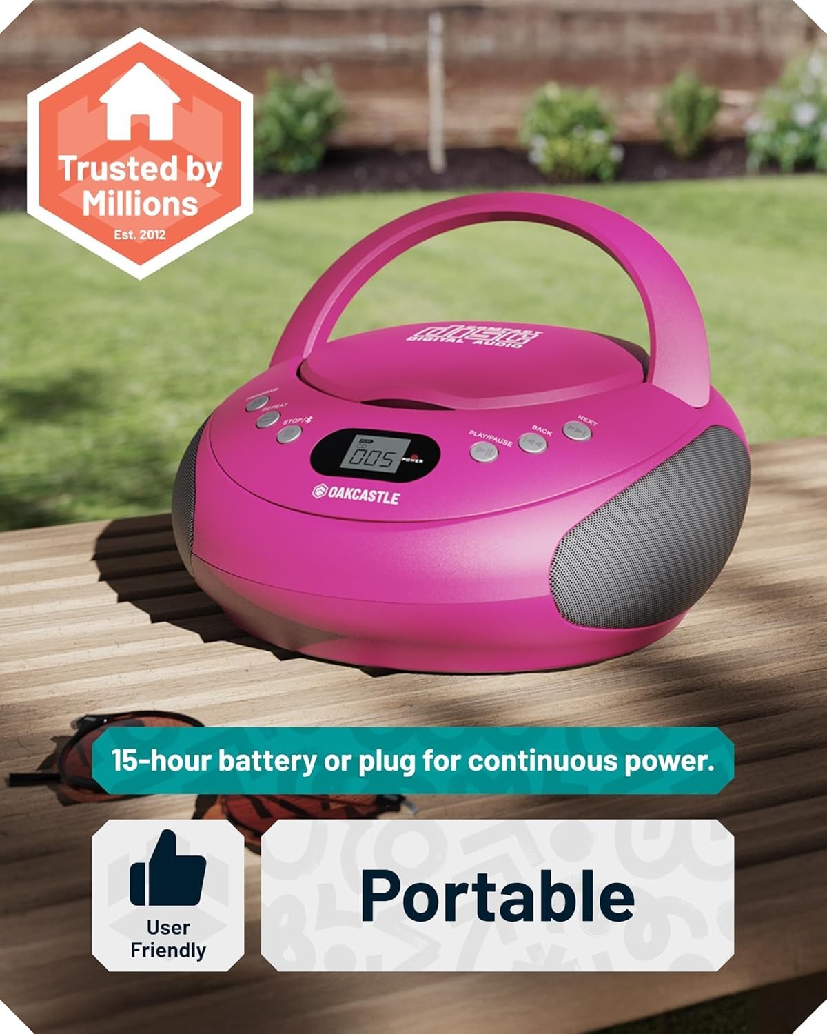 Portable Bluetooth CD Boombox FM Radio Stereo Player LED Display Pink