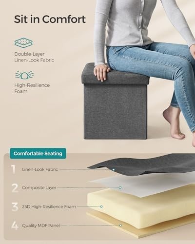 Dark Grey Folding Storage Ottoman Cube 38cm Footstool with Lid & Tufted Seat