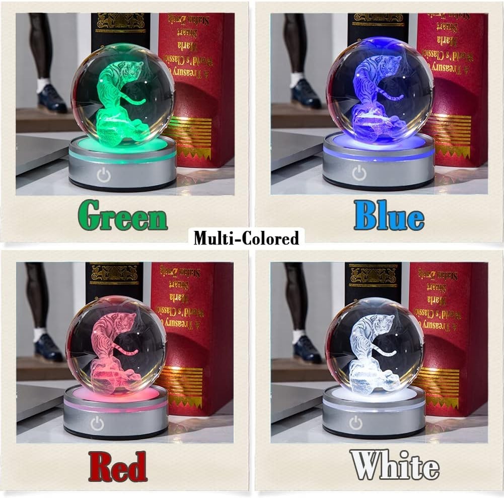 3D Tiger Crystal Ball LED Light • Laser Engraved White Tiger Ornament