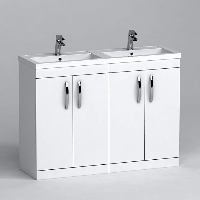 1200mm Gloss White Double Basin Vanity Unit – 4 Door Bathroom Sink Cabinet