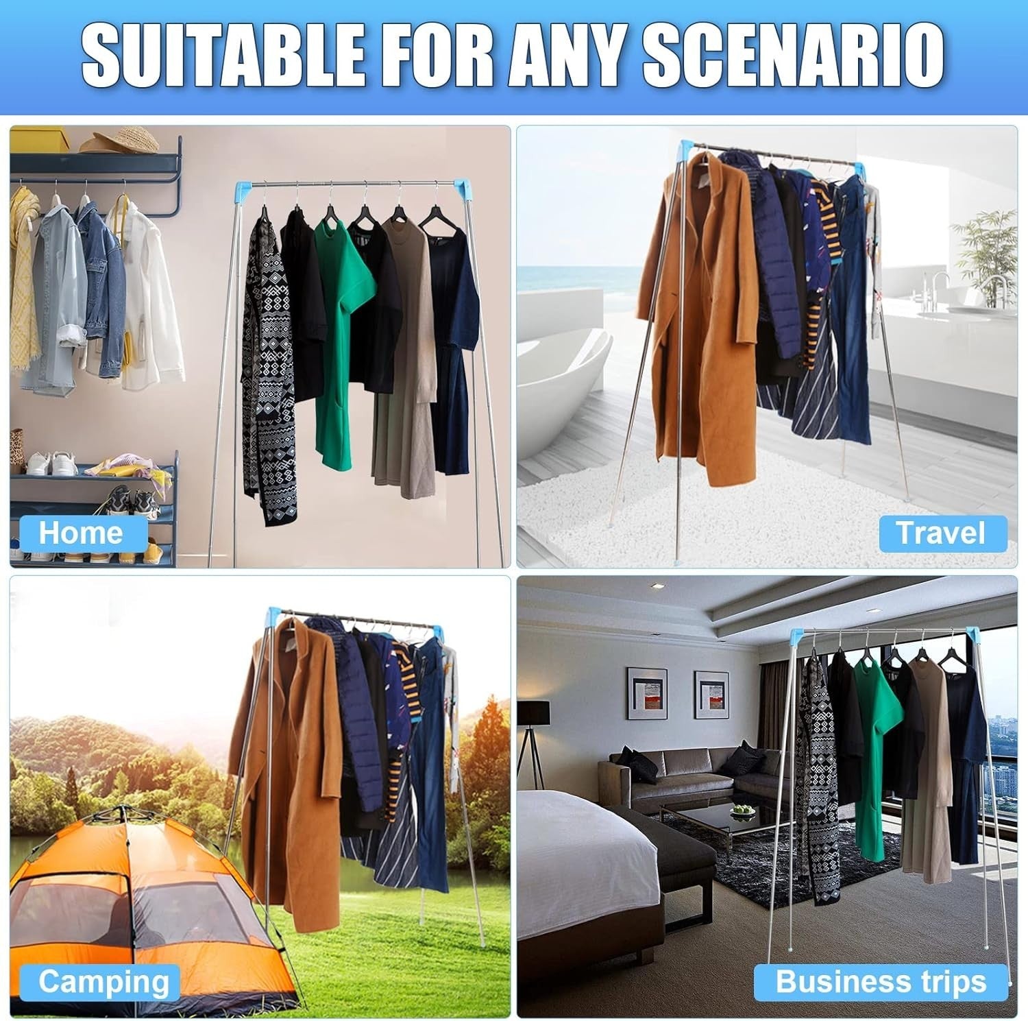 Portable Travel Clothes Rack Retractable Foldable Blue Stainless