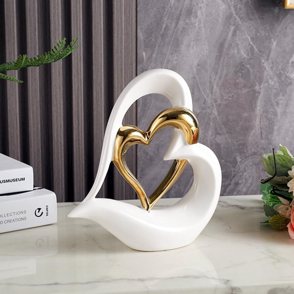 White Gold Double Heart Ceramic Sculpture Modern Romantic Home Decor Ornament