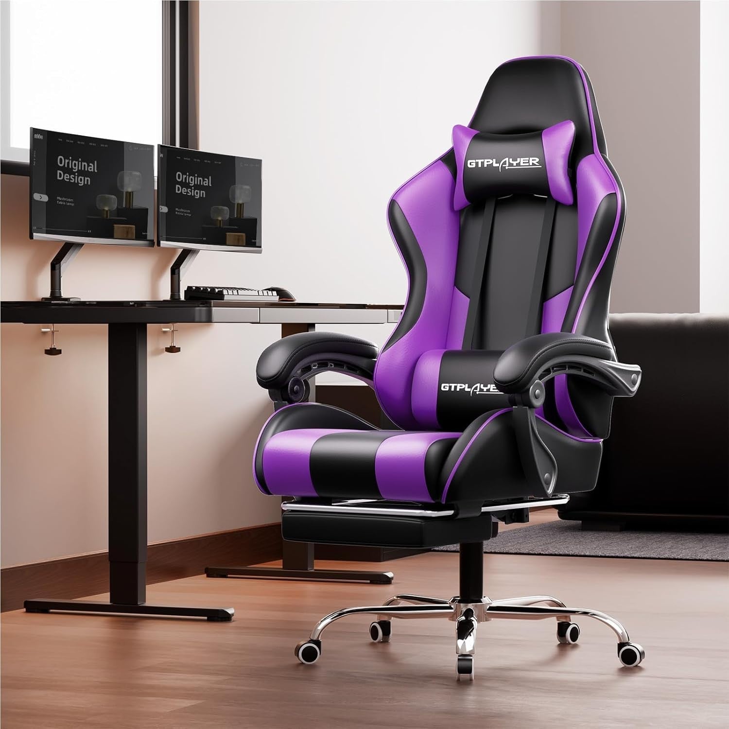 Gaming Chair Ergonomic Purple Reclining Racing Style Footrest Massage Lumbar Sup