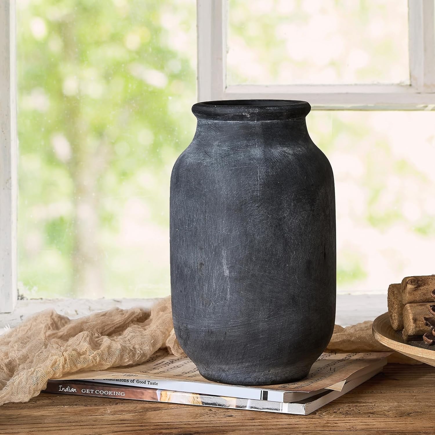 Large Pampas Grass Vase 9.5in Black Ceramic Rustic Farmhouse Home Décor