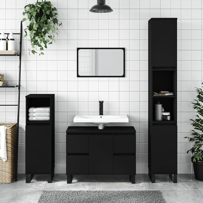 Modern Black Bathroom Sink Cabinet 80x33x60cm Wide Under Basin Storage Drawers