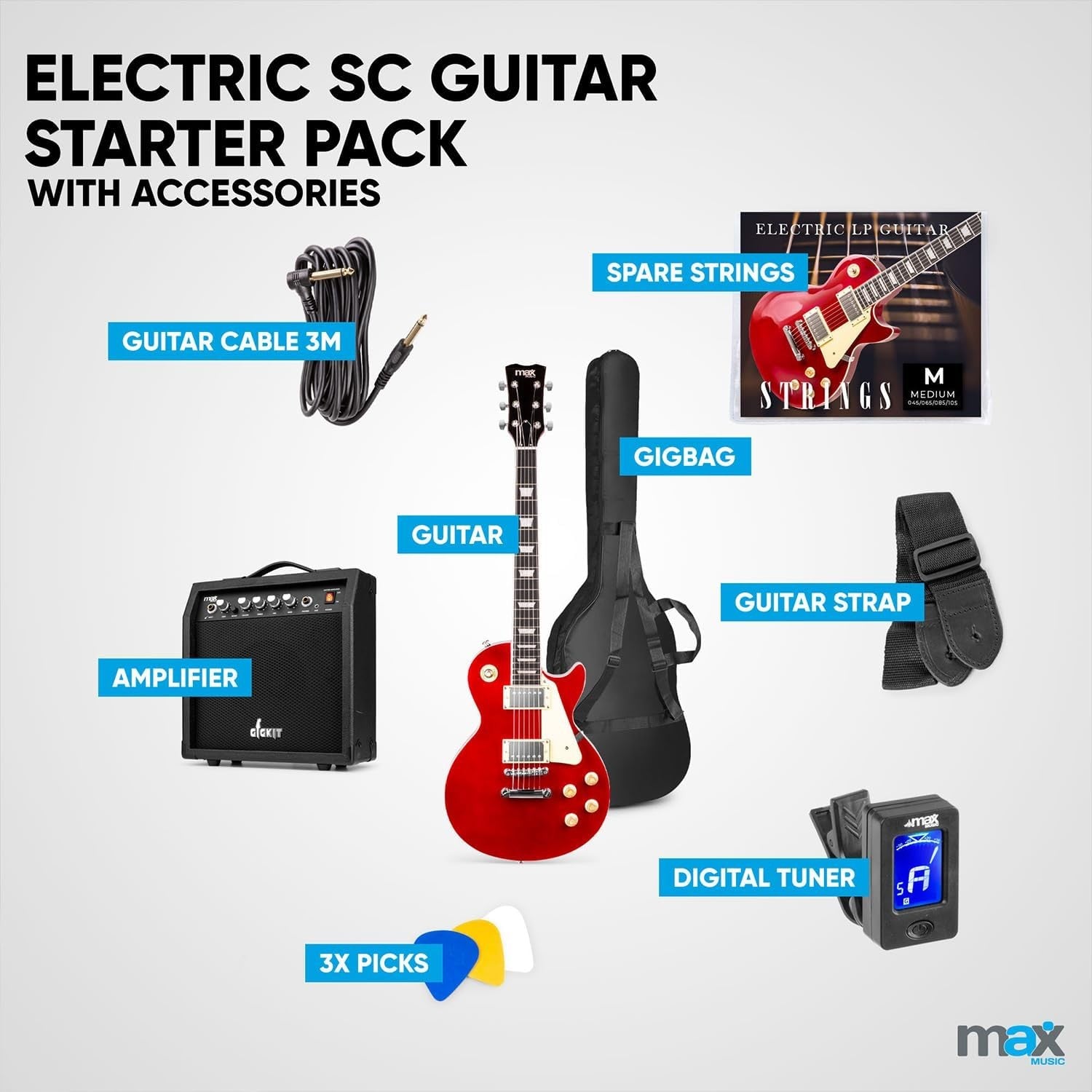 Electric Guitar Starter Kit SC Style 40W Amp Stool Stand Red