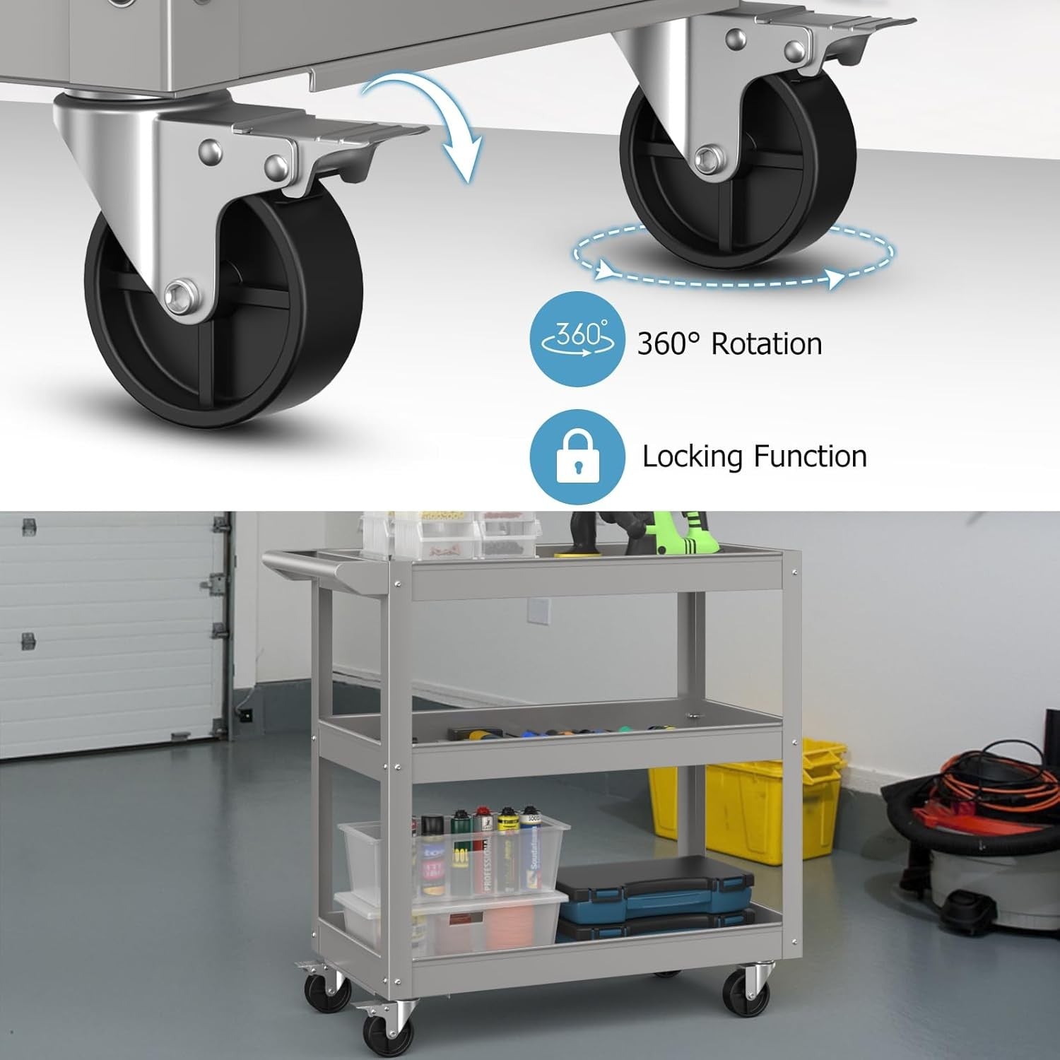 3 Tier Metal Tool Trolley on Wheels Heavy Duty Utility Storage Cart