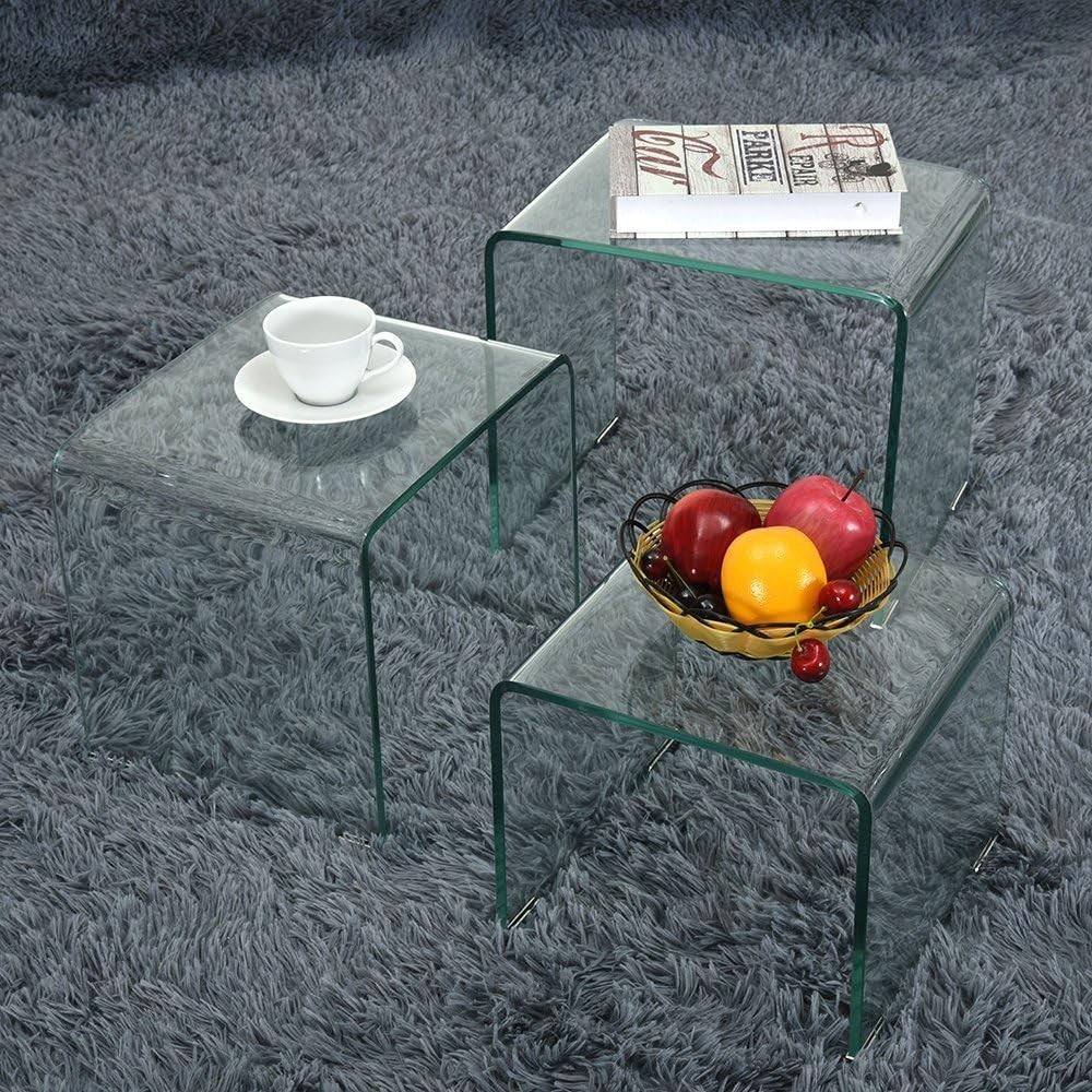 Nest of 3 Clear Glass Coffee Side End Tables Modern Space Saving Set