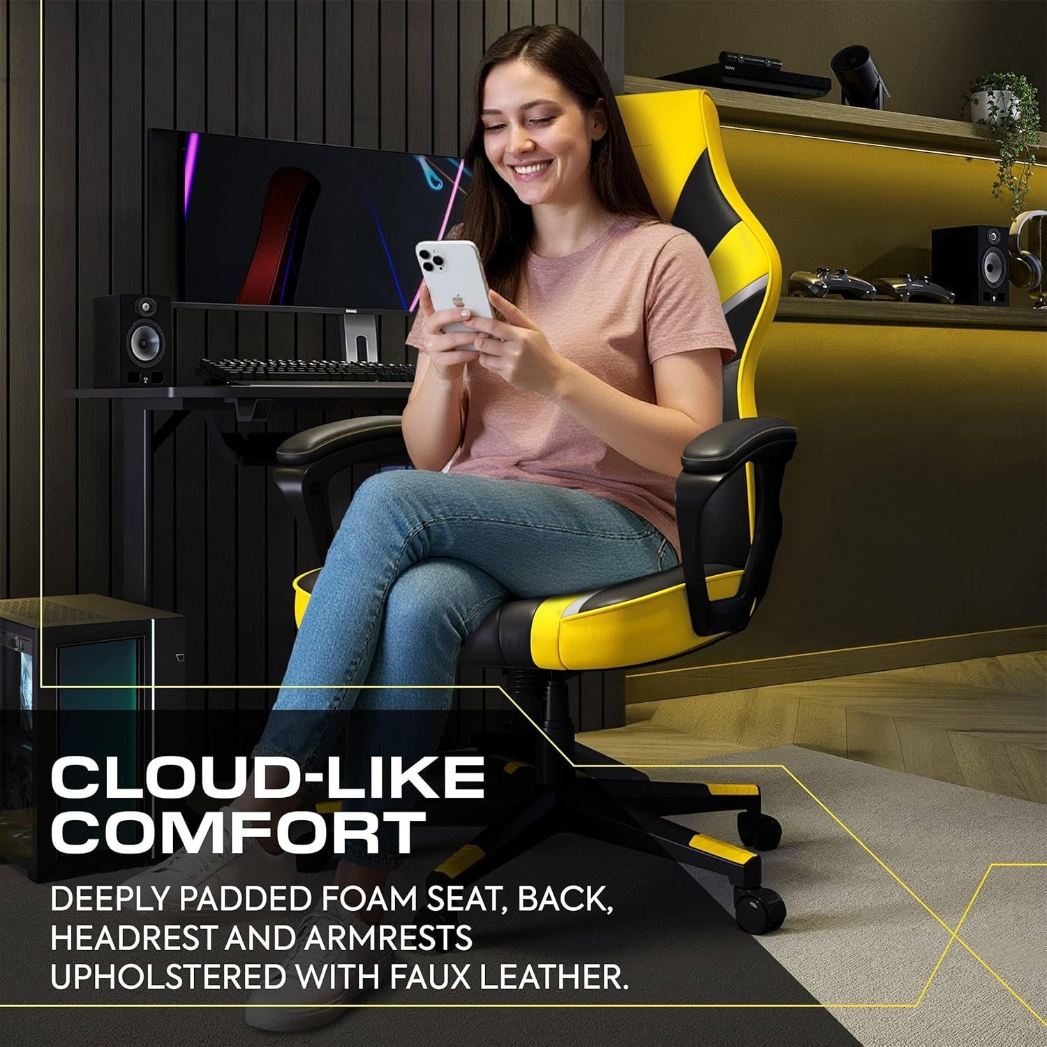 Ergonomic Gaming Chair High Back Wide Seat Yellow