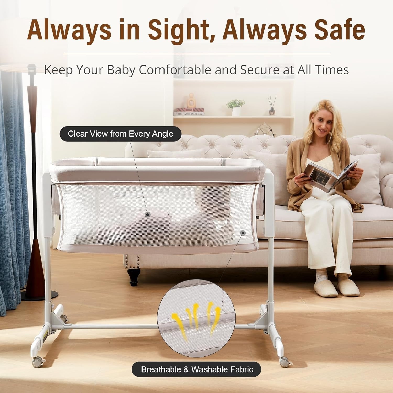 3in1 Baby Rocking Bassinet Bedside Crib Co-Sleeper Cot Breathable Mesh Oatmeal
