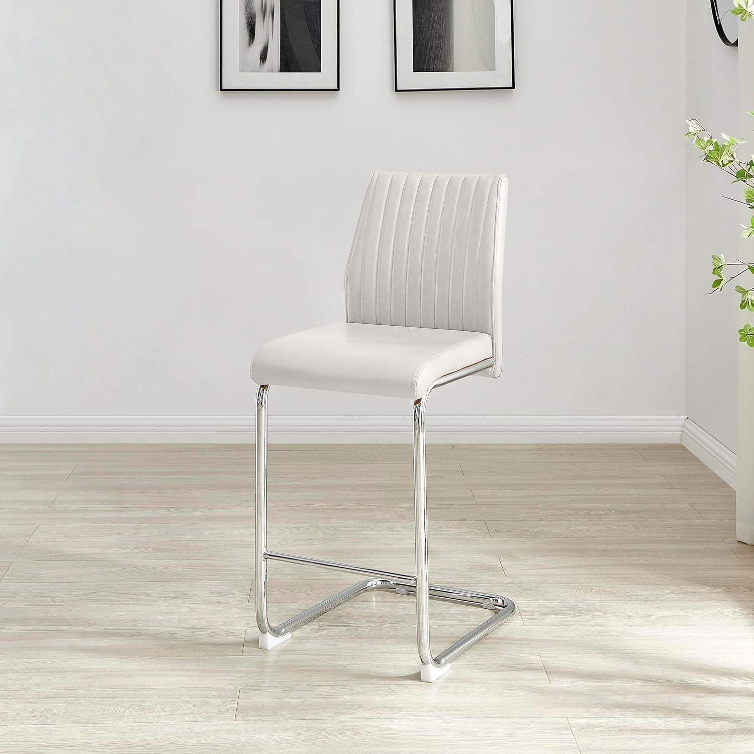 Modern White Bar Stools Set of 2 – Faux Leather Cantilever Chairs