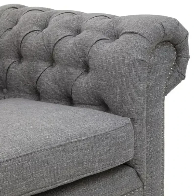 Grey Linen 3 Seater Chesterfield Sofa w/ Scroll Arms & Wooden Legs