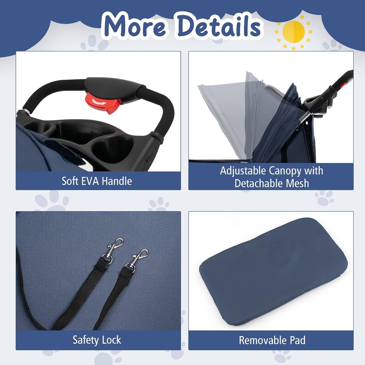 Blue Folding Pet Stroller 4 Wheel Dog Cat Pushchair Safety Belt Cup Holder