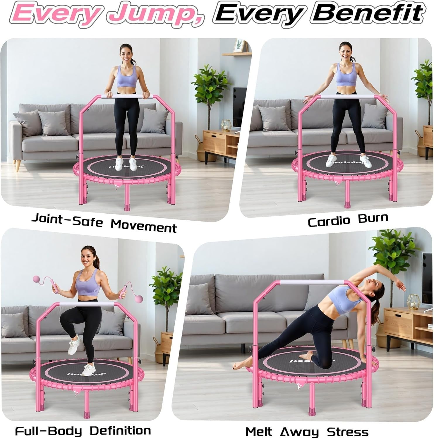 40in Foldable Fitness Trampoline Rebounder Adjustable Handle 450LBS