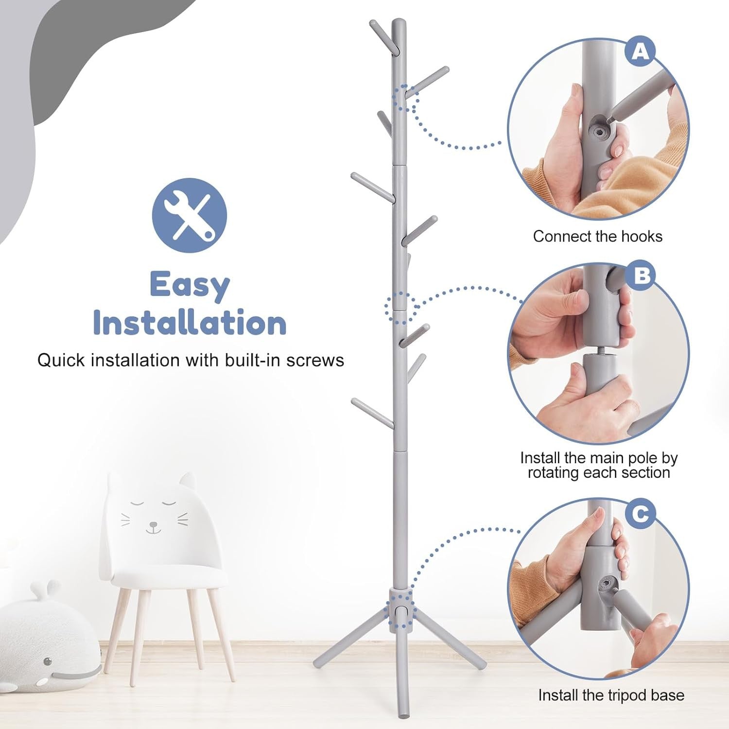 Kids Adjustable Wooden Coat Rack | 9 Hook Freestanding Hallway Stand