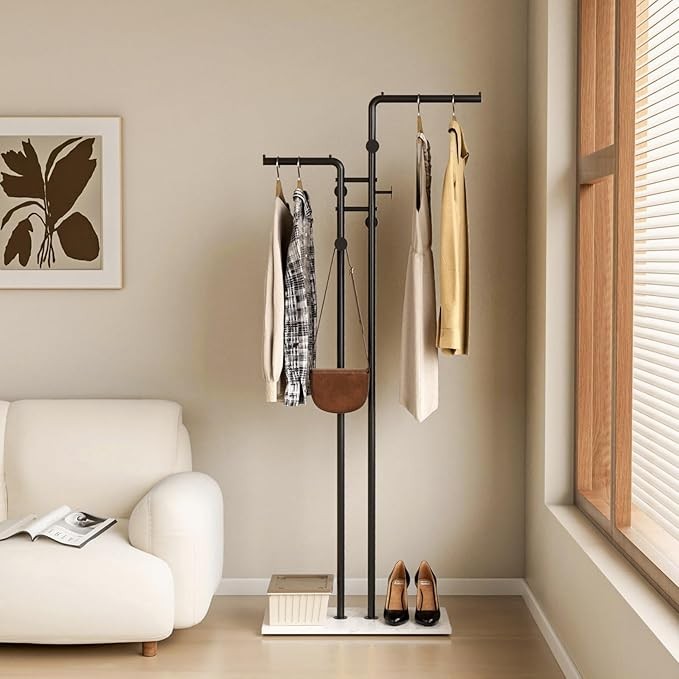 Black Metal Coat Rack with Marble Base 170cm Tall Clothes Organizer Stand