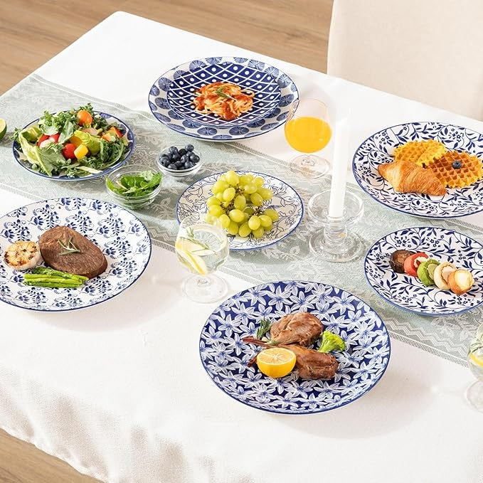 6pc Blue Pattern Porcelain Plates Set 8 Inch Dessert Salad Microwave Safe