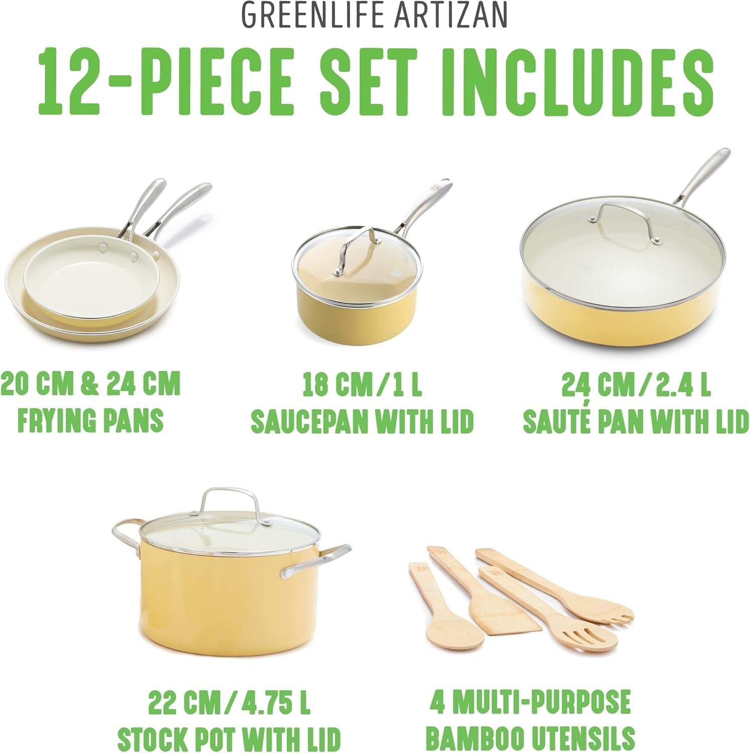 12Pcs Yellow Ceramic Cookware Set Non Stick Pots & Pans Induction PFAS Free