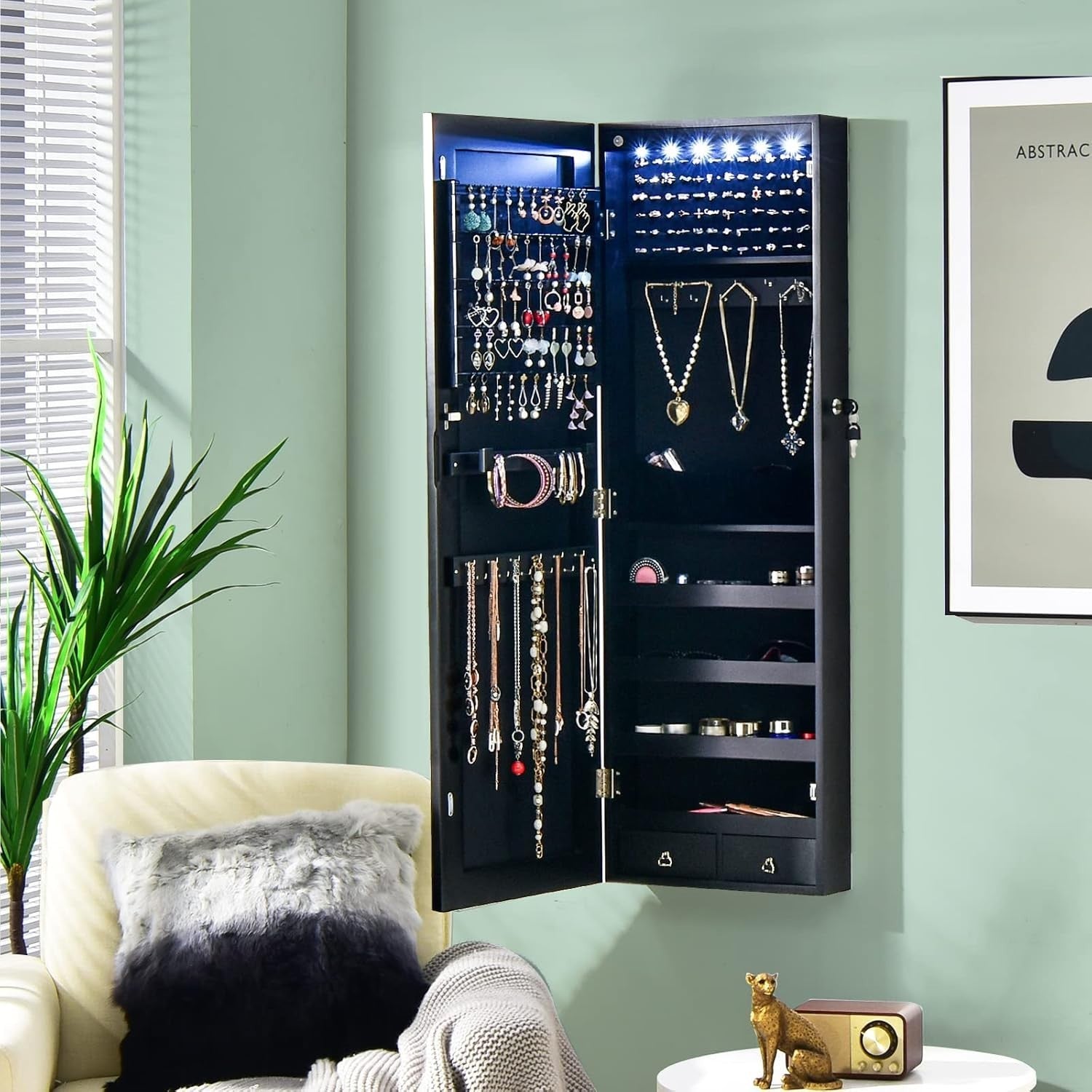 Black LED Jewelry Armoire Wall or Door Mounted Lockable Mirror Storage