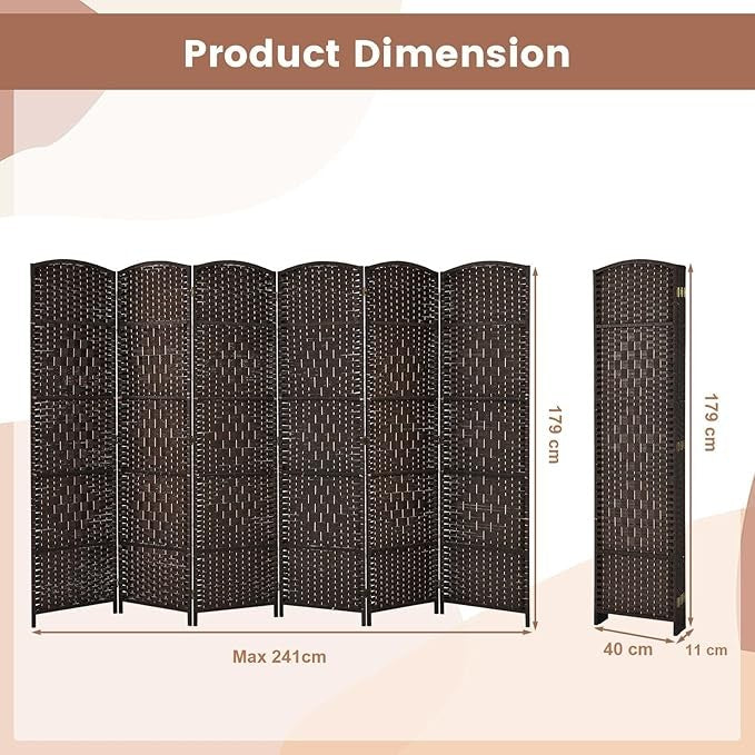 Dark Brown Bamboo 6 Panel Folding Room Divider – Freestanding Privacy Screen