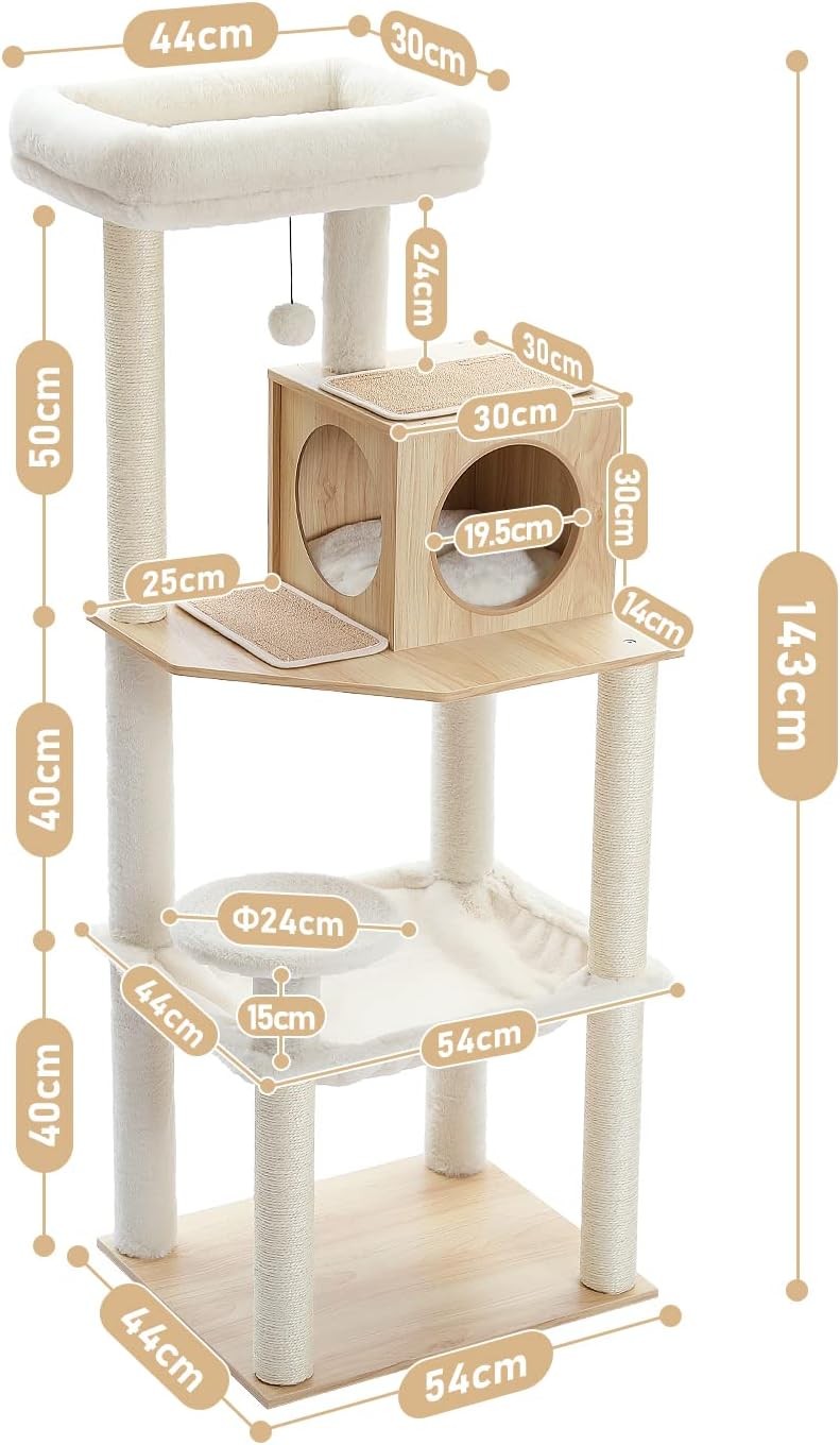 143cm Wooden Cat Tree Multi Level Scratching Post Condo Hammock Beige