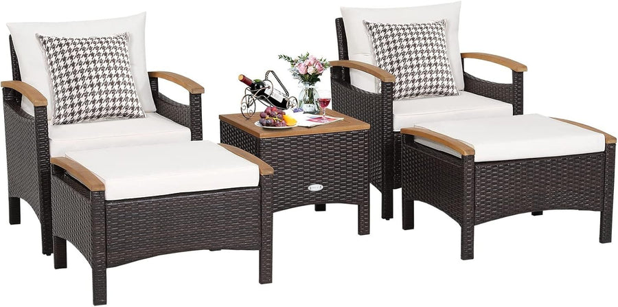 5-Piece Rattan Patio Lounge Set Reclining Chairs Ottomans Acacia Table