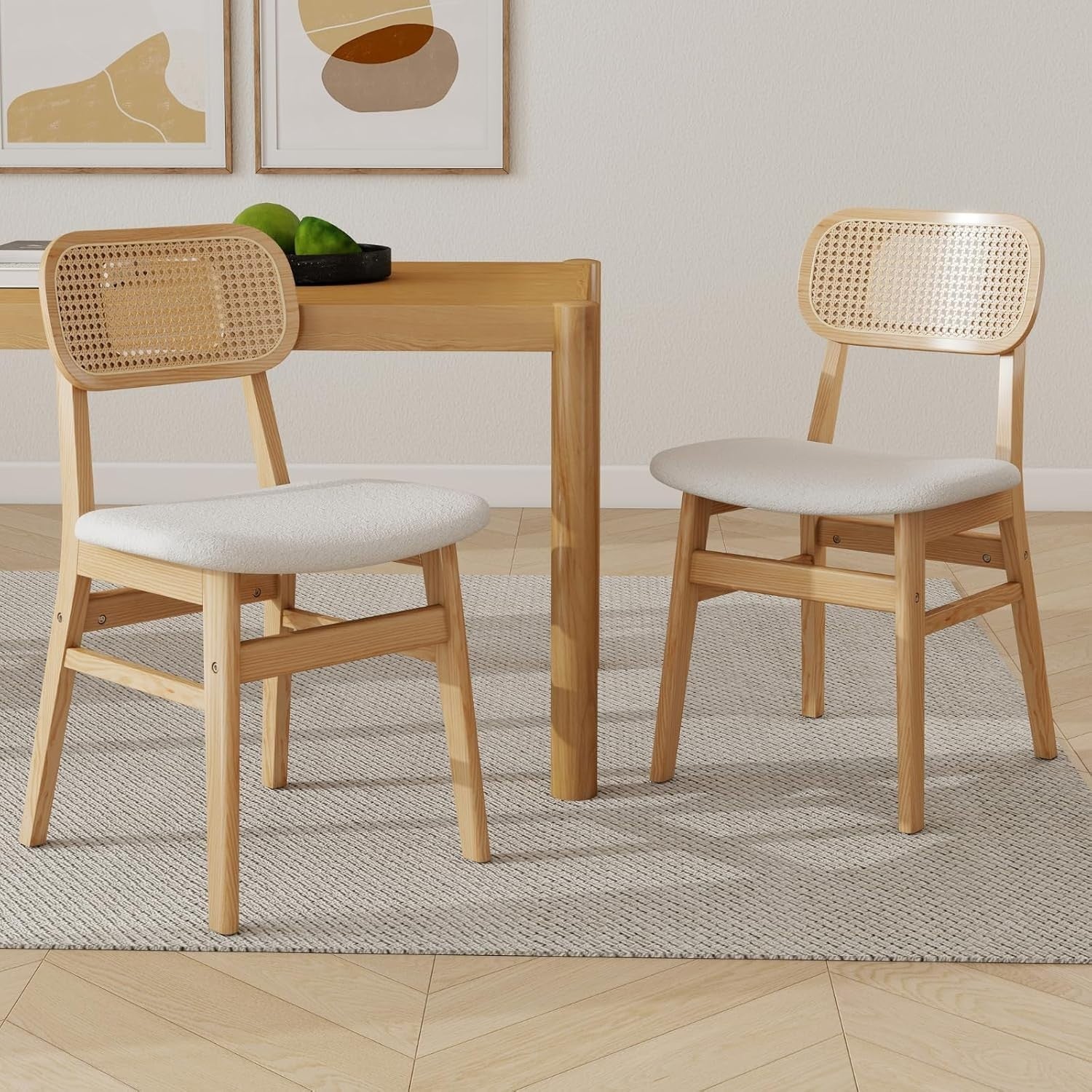 Set of 2 Rattan Dining Chairs Beige Fabric Seat Wooden Legs Kitchen