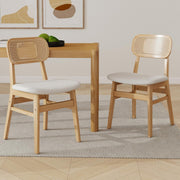 Set of 2 Rattan Dining Chairs Beige Fabric Seat Wooden Legs Kitchen