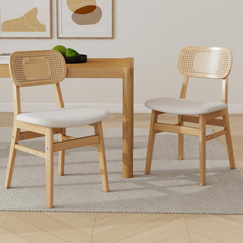 Set of 2 Rattan Dining Chairs Beige Fabric Seat Wooden Legs Kitchen