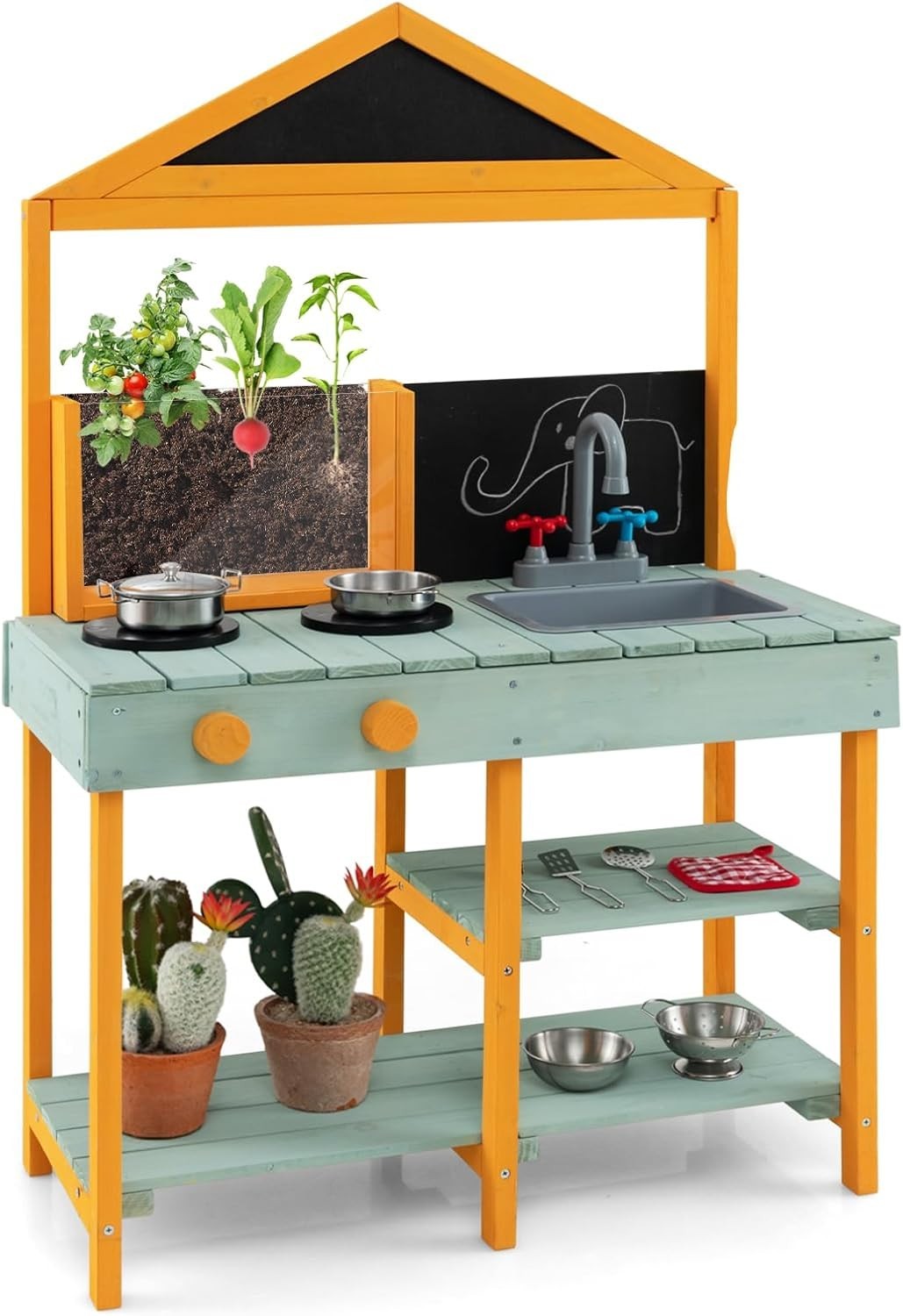 Outdoor Mud Kitchen Kids Playset w/ Planter Sink Chalkboard Set