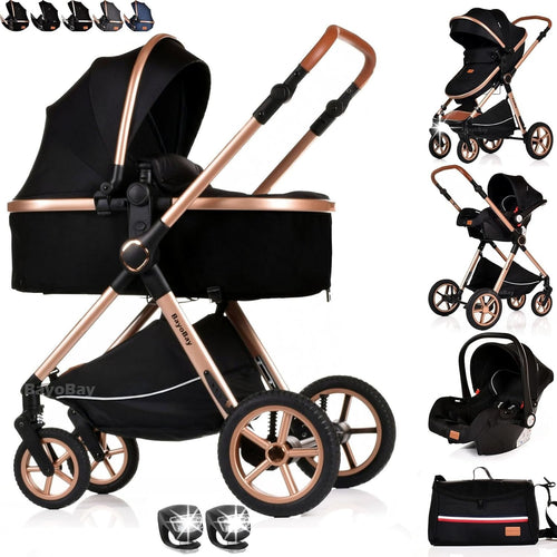 Luxury 3 in 1 Baby Pram Pushchair Travel System Car Seat Folding Black Gold