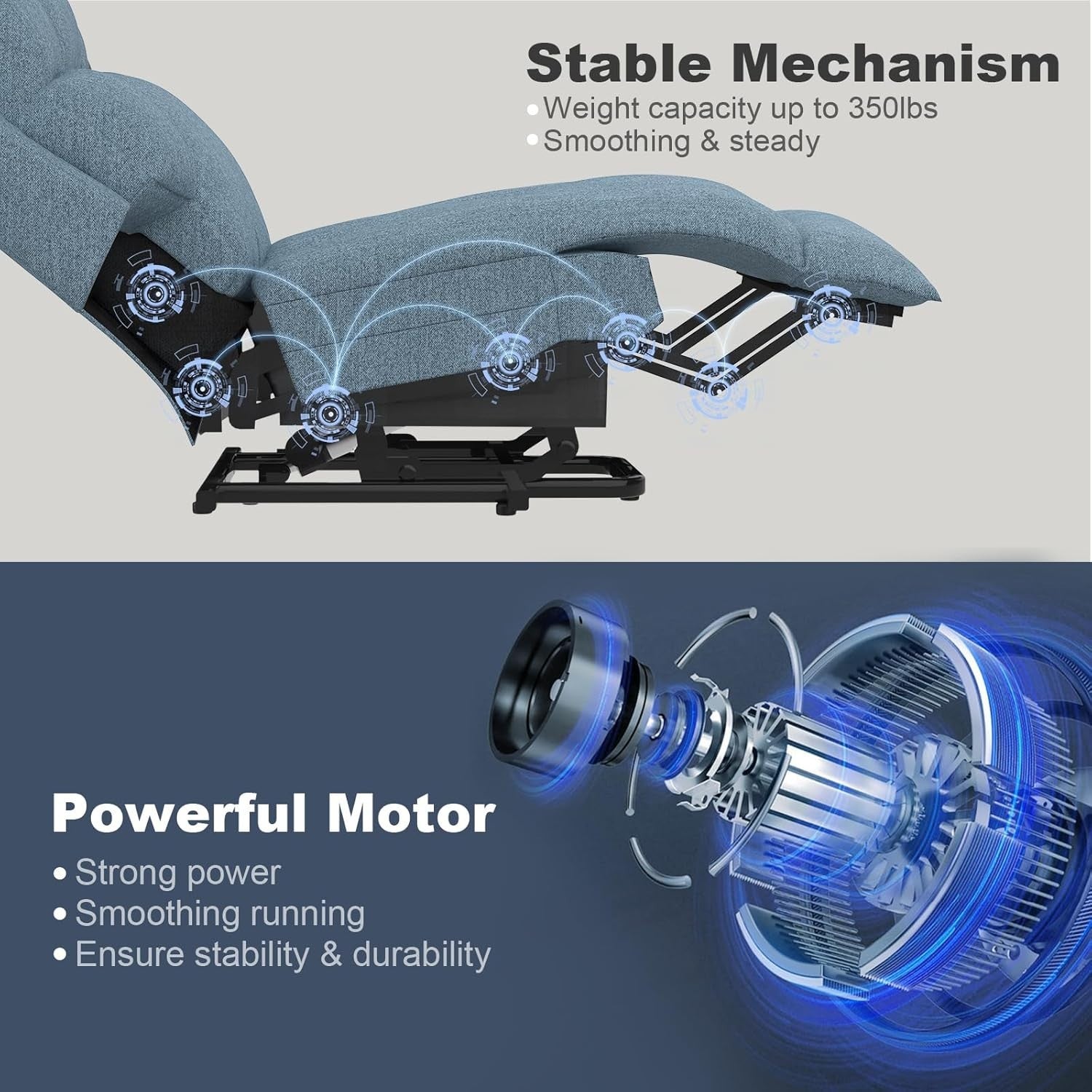 Power Lift Recliner Chair Oversized Massage Heat USB Type-C Footrest Blue