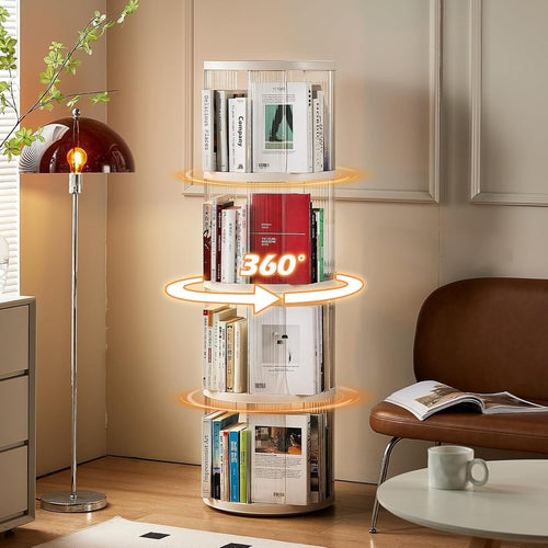 360° Rotating  Round Plastic Corner Bookshelf 4-Tier Floor Standing Shelf White