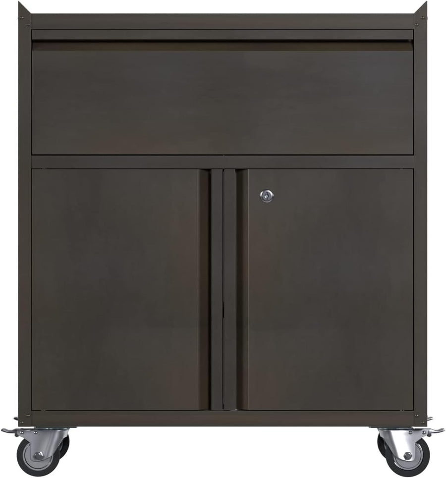 Mobile Steel Storage Cabinet with Wheels, Drawer & Lockable Doors 90H cm