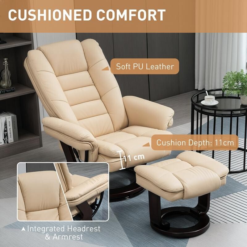 Recliner Chair & Footrest PU Leather Swivel Lounge Armchair w/ Wood Base