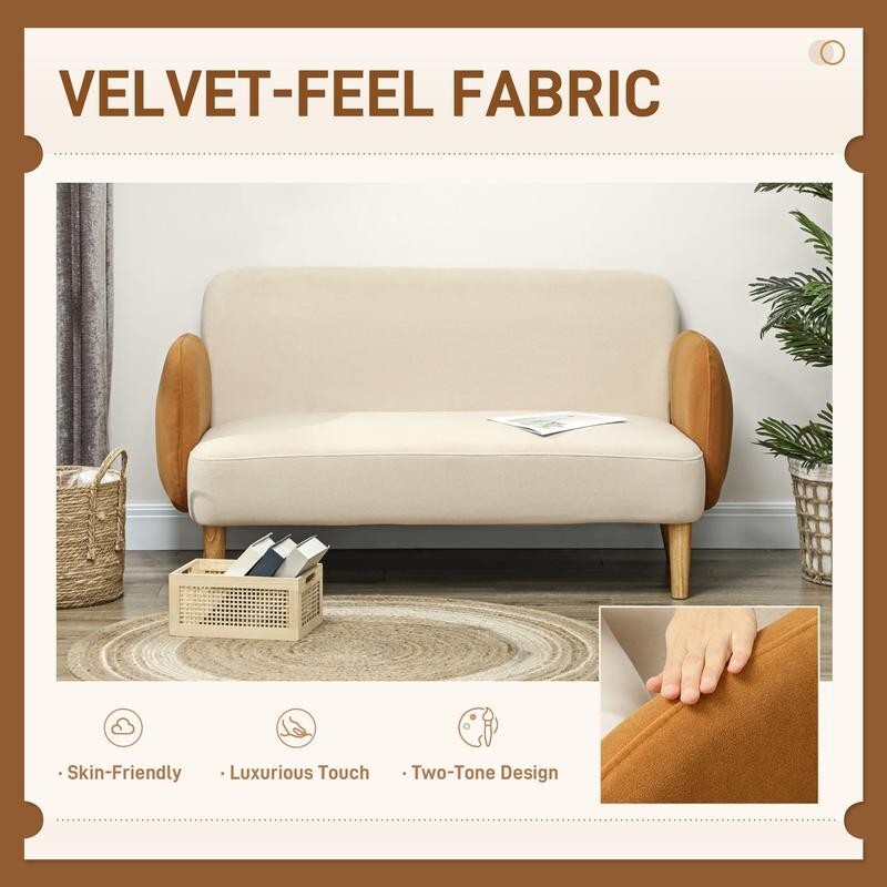 Modern 2 Seater Sofa Cream Velvet Couch Small Nordic Loveseat with Arms