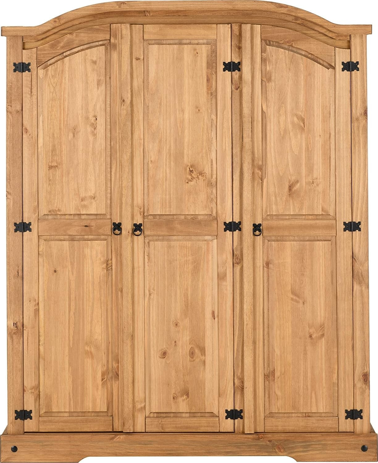 Rustic 3 Door Pine Wardrobe with Hinged Doors & Metal Handles - Bedroom