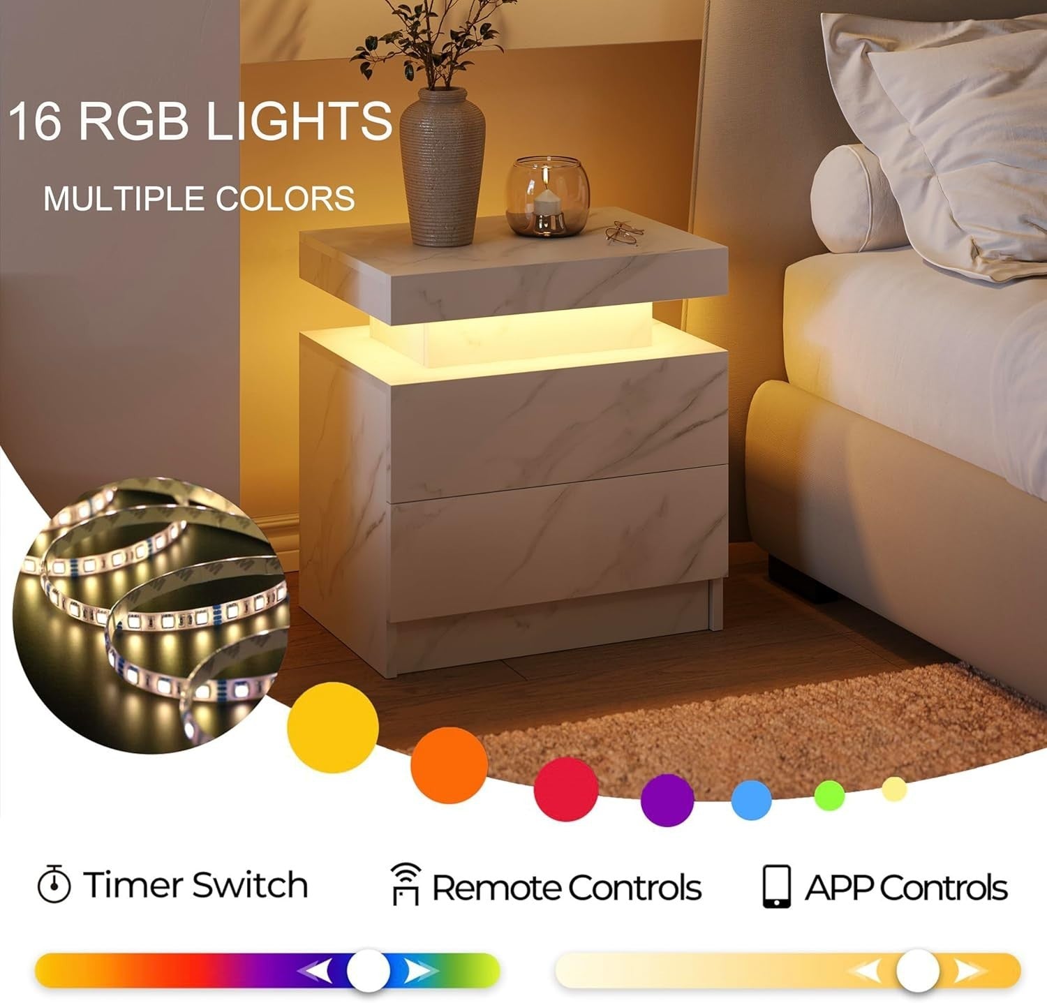 Modern Marble White LED Bedside Table with Drawers – RGB Light Nightstand