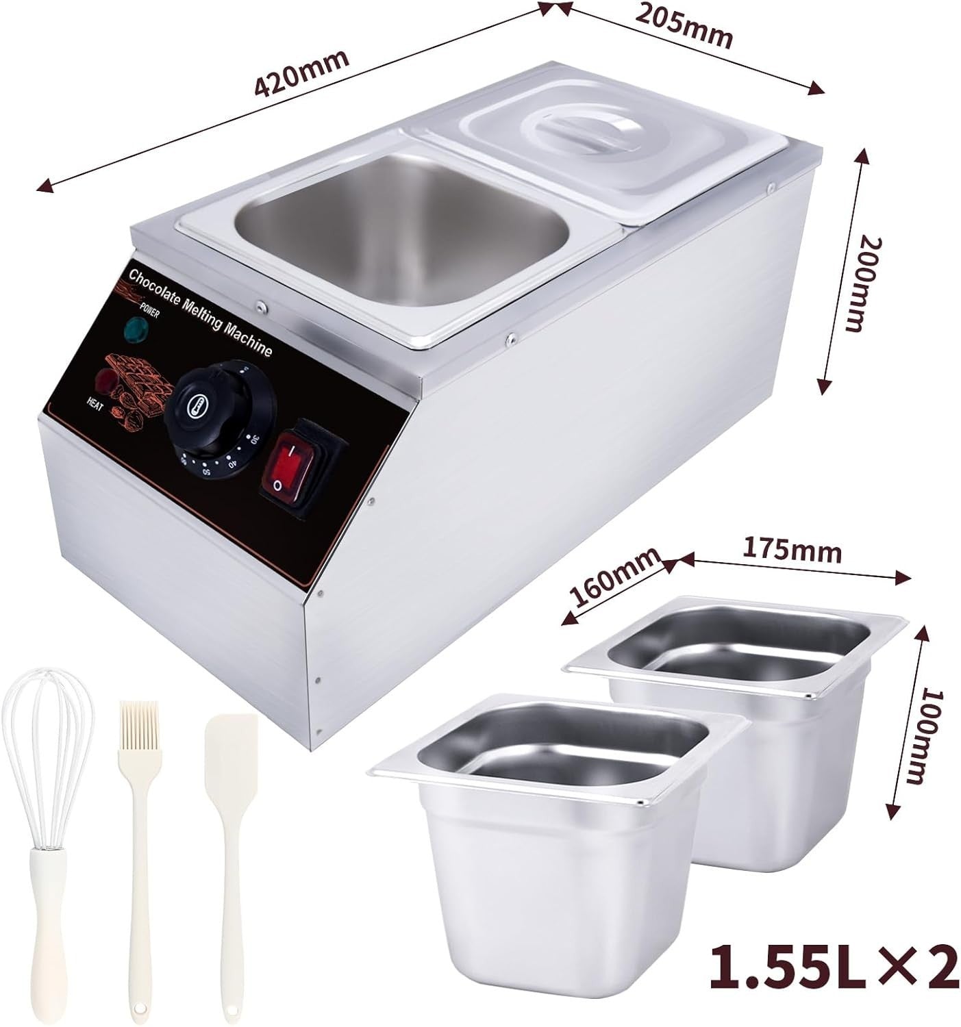 600W Chocolate Melting Machine 2x1.55L Tempering Pot Stainless Steel