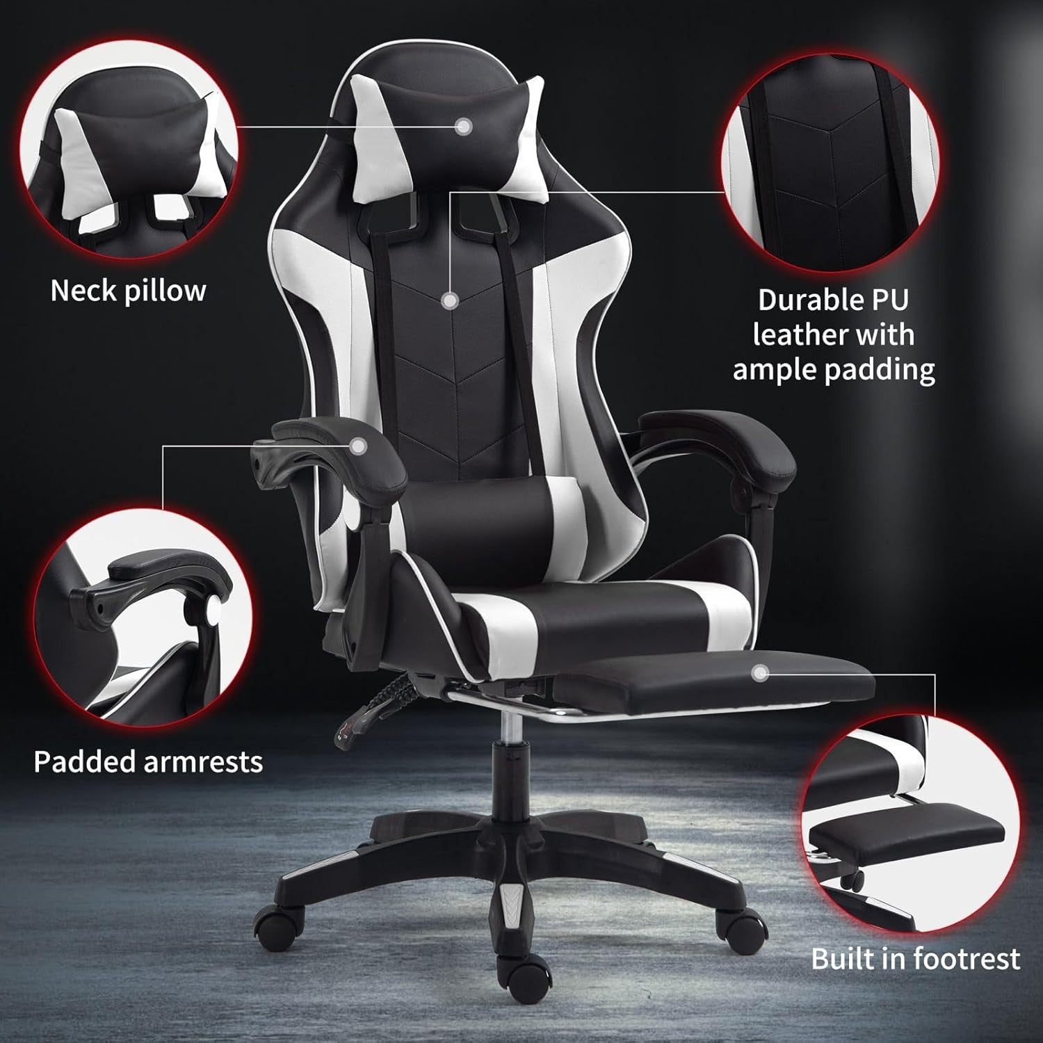 Ergonomic Gaming Chair Reclining Footrest Swivel PU Leather