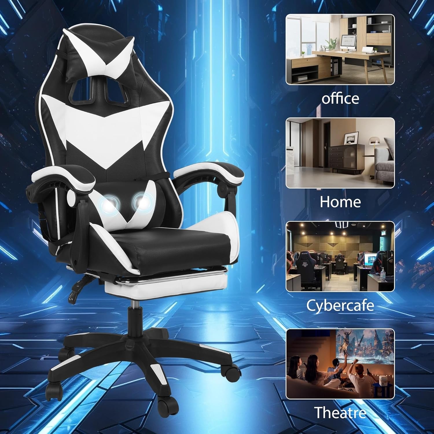 Ergonomic Gaming Chair Massage Reclining Footrest Black White