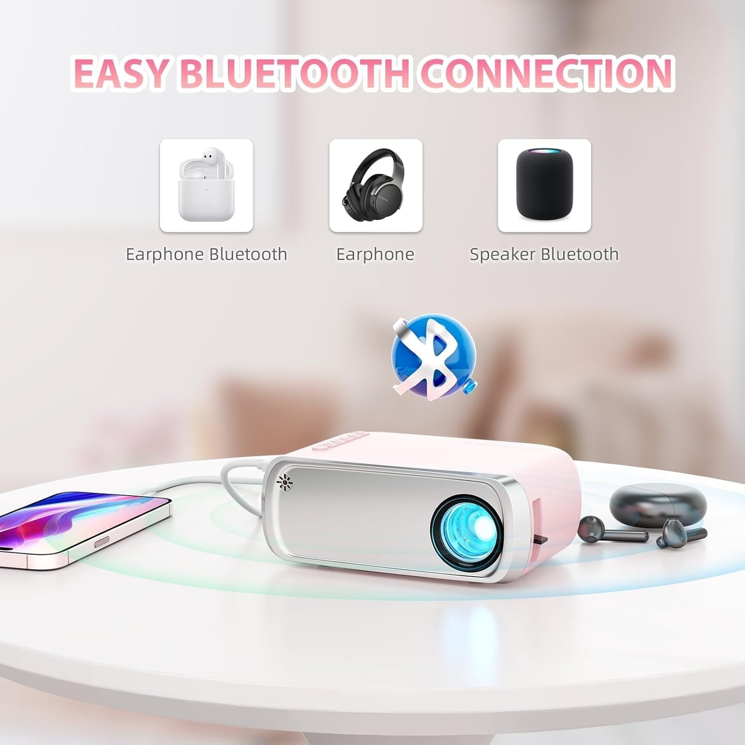Mini Projector 1080P Portable Bluetooth 5.4 HDMI USB Phone Movie
