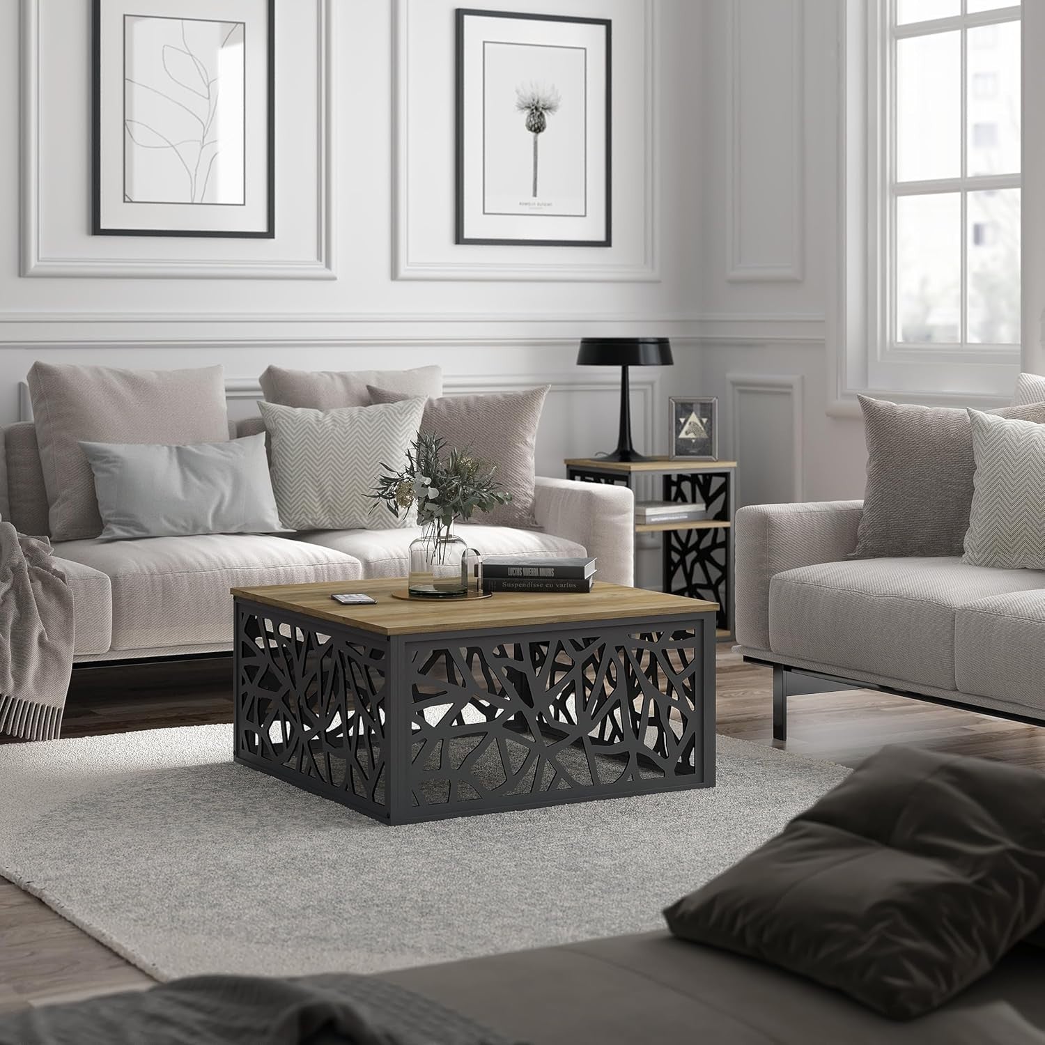 Modern Square Coffee Table with Metal Frame & Storage Shelf 80x80x40cm