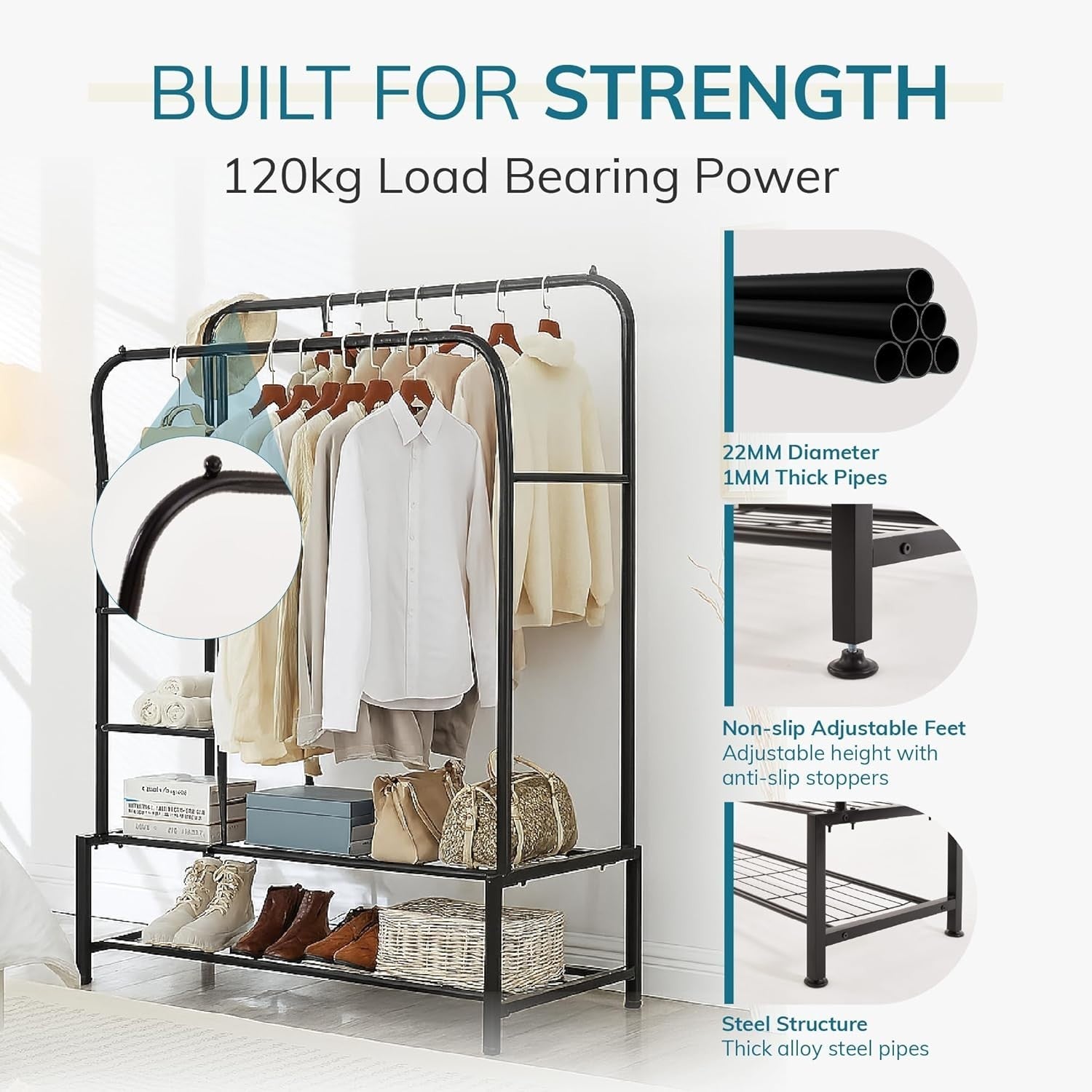 Heavy Duty Double Rail Clothes Rack with Shelves – Black
