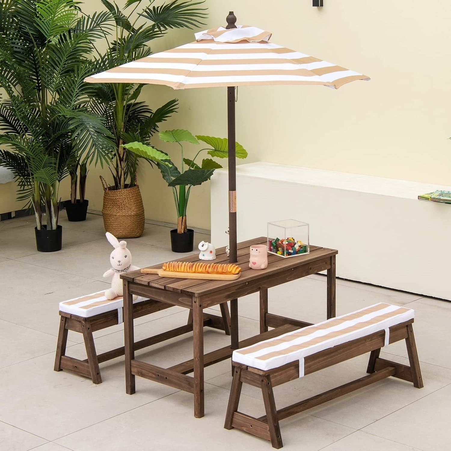 Kids Wooden Picnic Table Bench Set w/ Umbrella & Cushions Outdoor Indoor